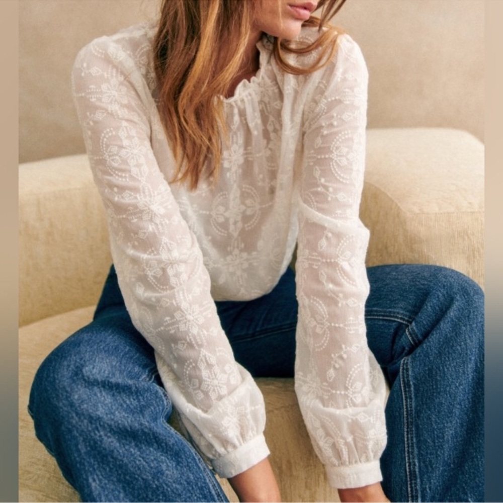 Sezane Valentine White sheer Blouse size 10 US Lace Top NWT